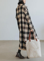women Loose fitting medium length coat Plaid pockets Notched Woolen Coats - SooLinen