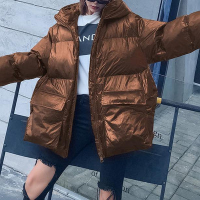 women Loose fitting snow jackets Jackets chocolate hooded zippered goose Down coat - SooLinen