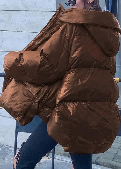 women Loose fitting snow jackets Jackets chocolate hooded zippered goose Down coat - SooLinen