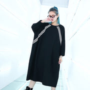 Frauen schwarzes Knie plus Größe Reisekleid Fledermausärmel Baggy Kleider feine O-Ausschnitt Baumwollkleider