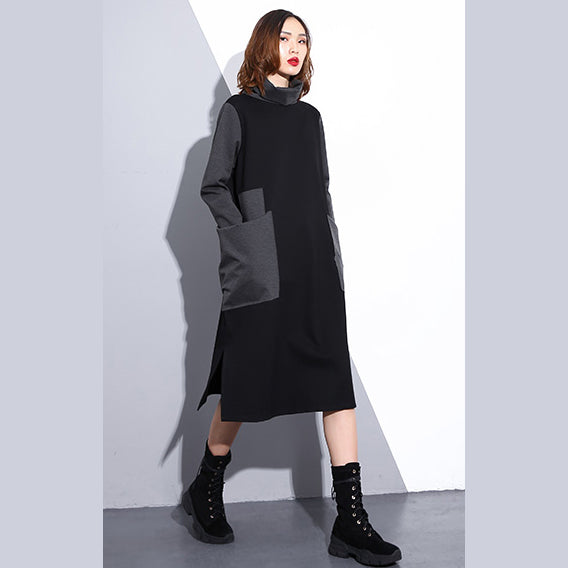 women black oversize traveling clothing patchwork vintage high neck side open clothing dress