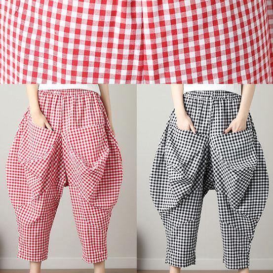 women black plaid casual cotton pants plus size big pockets crop pants - SooLinen