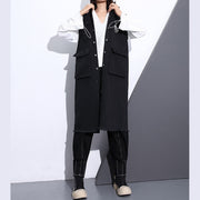 women black pure cotton blouse plus size Turn-down Collar pockets traveling blouse vintage Sleeveless zippered cotton tops