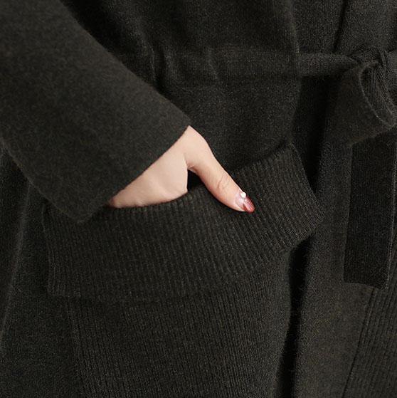 women black wool coat plus size trench coat fall Square Collar tie waist - SooLinen