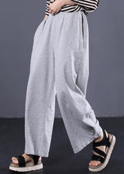 women cotton solid color casual pants elastic waist gray wide leg pants - SooLinen