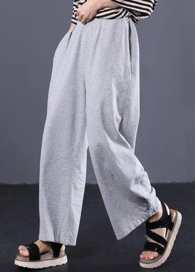 women cotton solid color casual pants elastic waist gray wide leg pants - SooLinen