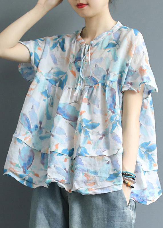 women cotton tunic top boutique Printed Casual Summer Lacing Breathable T-Shirt - SooLinen