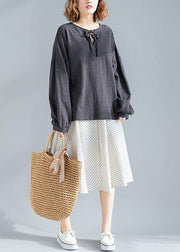 women dark gray o neck Puff Sleeve cotton fall top - SooLinen