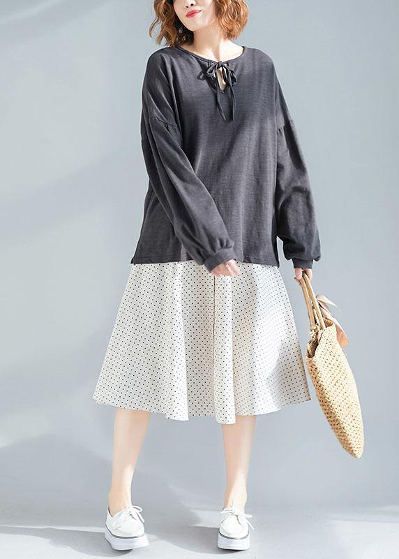 women dark gray o neck Puff Sleeve cotton fall top - SooLinen