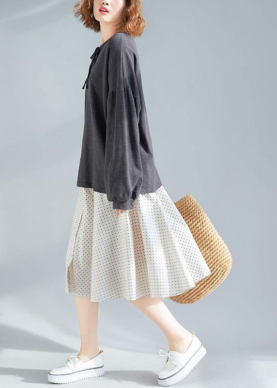 women dark gray o neck Puff Sleeve cotton fall top - SooLinen