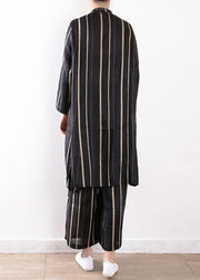 women fashion linen black two pieces long sleeve silk shirt with wide leg pants - SooLinen