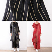 women fashion linen black two pieces long sleeve silk shirt with wide leg pants - SooLinen
