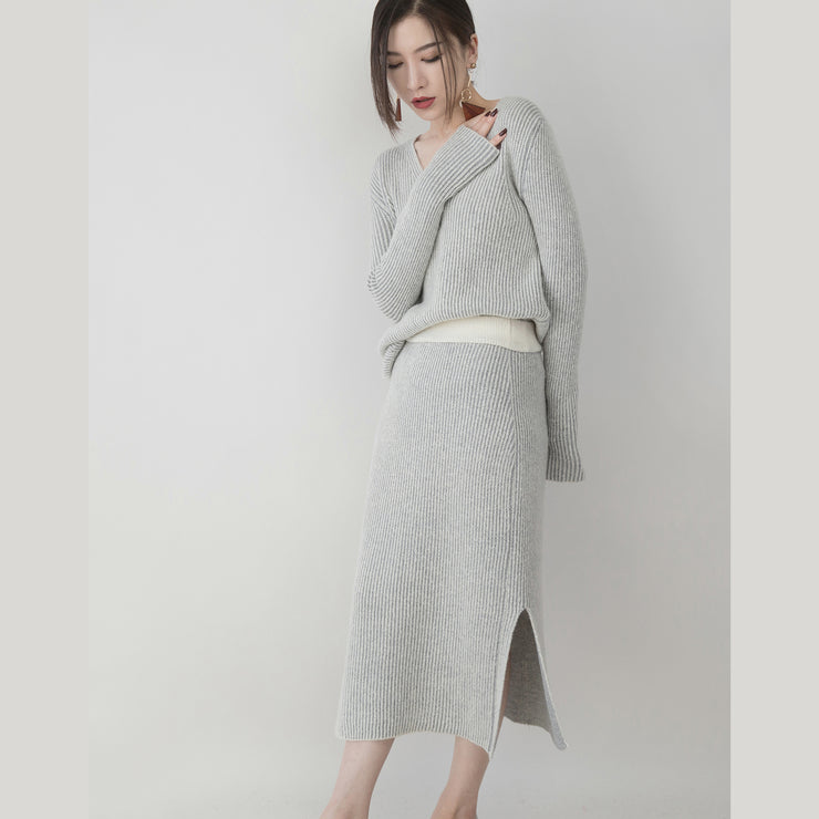 women gray knit sweaters plus size clothing v neck knitted blouses vintage side open skirt two pieces