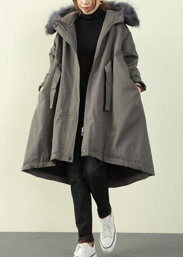 women gray winter outwear casual hooded faux fur collar outwear - SooLinen