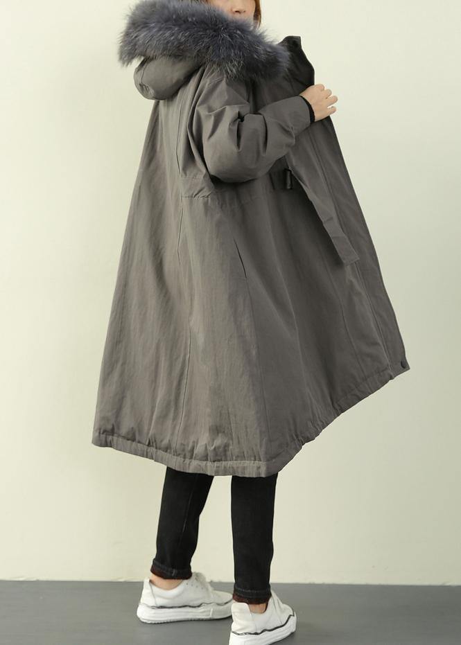 women gray winter outwear casual hooded faux fur collar outwear - SooLinen