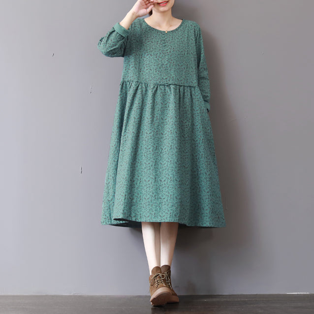 Frauen grüne Drucke 2018 Herbstkleid lässig Patchwork Herbstkleider Neue langärmlige Maxikleider