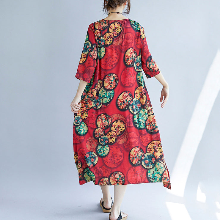 women khaki cotton blended maxi dress trendy plus size print Half sleeve long dresses New o neck cotton blended clothing