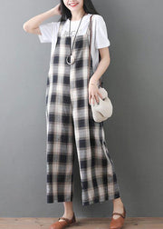 women new cotton white plaid sleeve casual jumpsuit pants - SooLinen