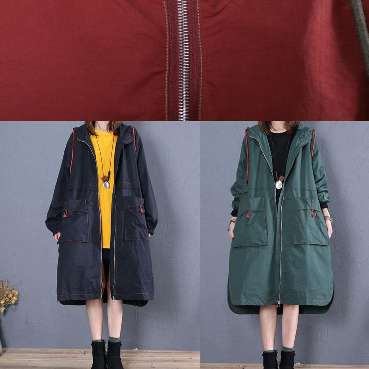 women oversized maxi coat fall green side open hooded Coats - SooLinen