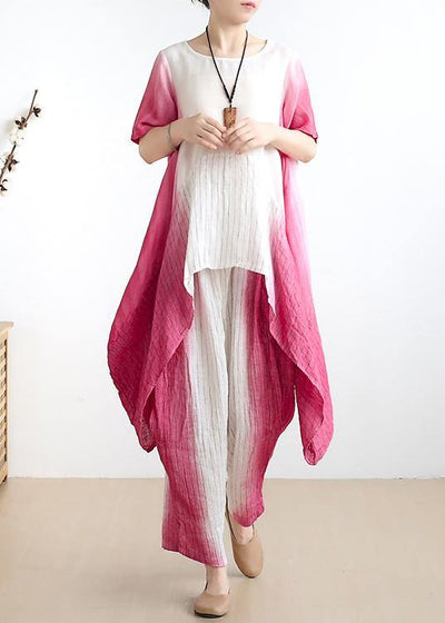 women pink o neck asymmetric tops +elastic waist wide leg pants - SooLinen