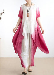 women pink o neck asymmetric tops +elastic waist wide leg pants - SooLinen