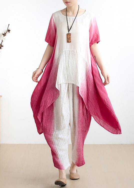 women pink o neck asymmetric tops +elastic waist wide leg pants - SooLinen