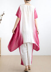 women pink o neck asymmetric tops +elastic waist wide leg pants - SooLinen