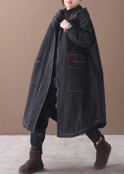 women plus size clothing Jackets & Coats hooded overcoat denim black two pockets Parkas for women - SooLinen