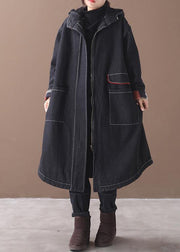 women plus size clothing Jackets & Coats hooded overcoat denim black two pockets Parkas for women - SooLinen