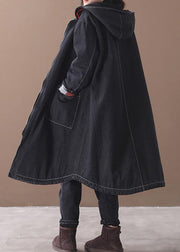 women plus size clothing Jackets & Coats hooded overcoat denim black two pockets Parkas for women - SooLinen