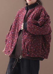 women plus size down jacket zippered outwear red floral patchwork o neck short coats - SooLinen