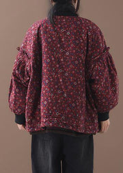 women plus size down jacket zippered outwear red floral patchwork o neck short coats - SooLinen