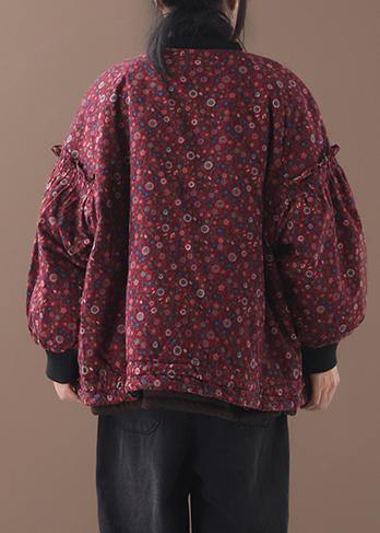 women plus size down jacket zippered outwear red floral patchwork o neck short coats - SooLinen