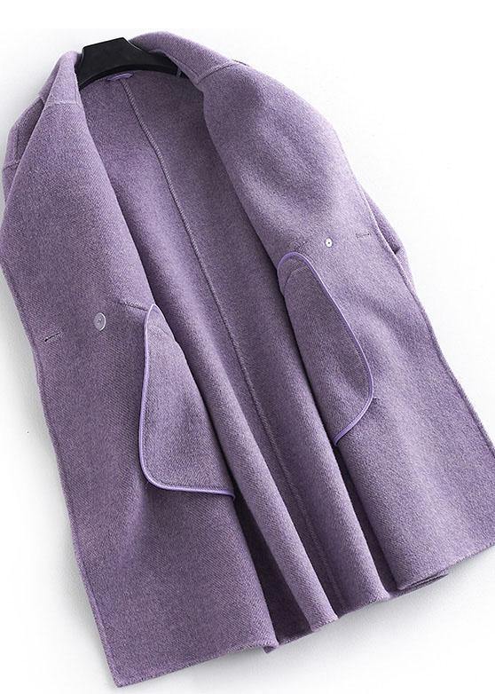 women plus size pockets outwear khaki Notched Woolen Coat - SooLinen
