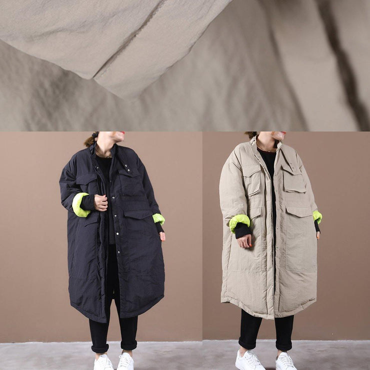 women plus size winter jacket pockets khaki stand collar asymmetric warm winter coat - SooLinen