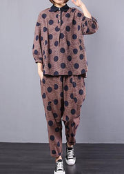 women vintage two pieces red dotted loose tops with casual wild pants - SooLinen