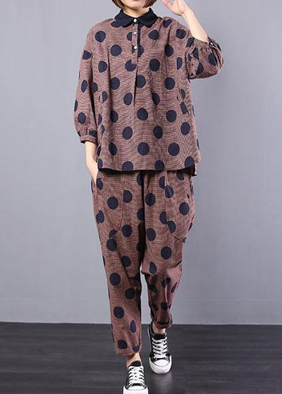 women vintage two pieces red dotted loose tops with casual wild pants - SooLinen