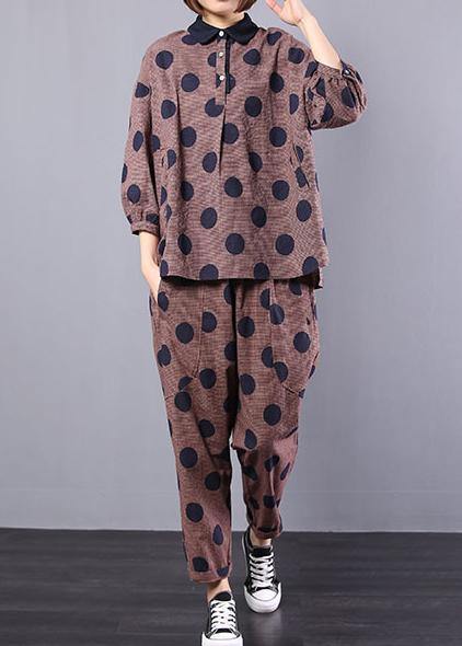 women vintage two pieces red dotted loose tops with casual wild pants - SooLinen