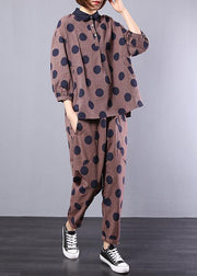 women vintage two pieces red dotted loose tops with casual wild pants - SooLinen
