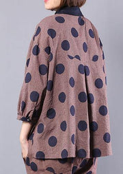 women vintage two pieces red dotted loose tops with casual wild pants - SooLinen